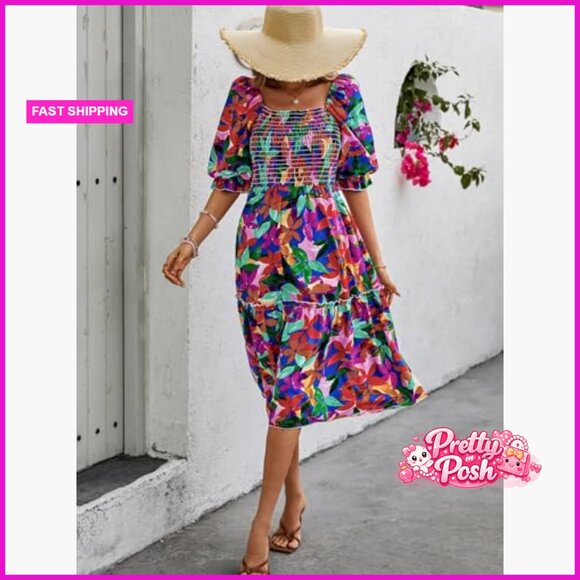 Polyester Puff Sleeve Square Neck A Line Midi Dress - Picture 5 of 7